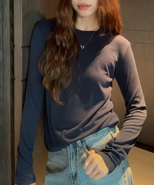 Lace Ladies(レースレディース)の「ソリッドカラー ベーシック 丸首 長袖 プルオーバー(Tシャツ/カットソー・レディース・ネイビー/ベージュ/ダークグレー/マスタード/ピンク/ホワイト/ブラウン/ブラック・FREE)」の13枚目の写真