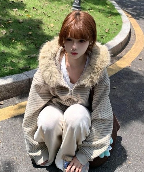 セール】あったか裏起毛 フェイクファーフード ボーダージップパーカー