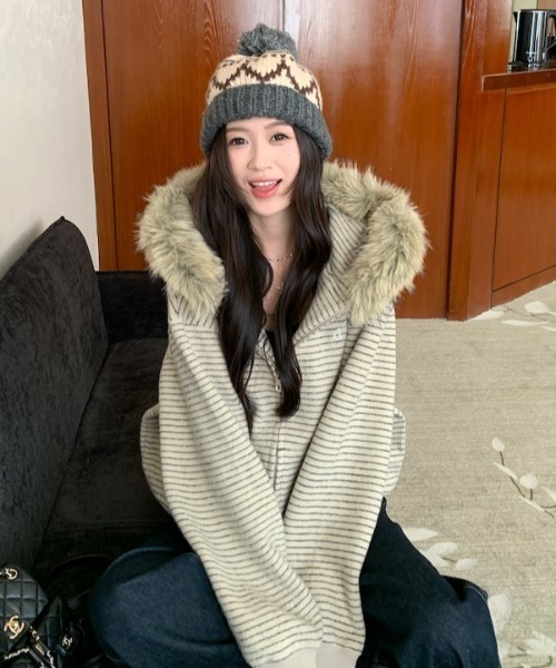 セール】あったか裏起毛 フェイクファーフード ボーダージップパーカー