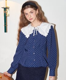 Lace Collar Puff Shoulder Blouse_ Navy