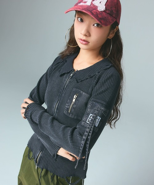 X-girl（エックスガール）の「DISTRESSED WOVEN MIX ZIP UP TOP（Tシャツ/カットソー・レディース・ブラック/オリーブ・ONE SIZE）」の3枚目の写真