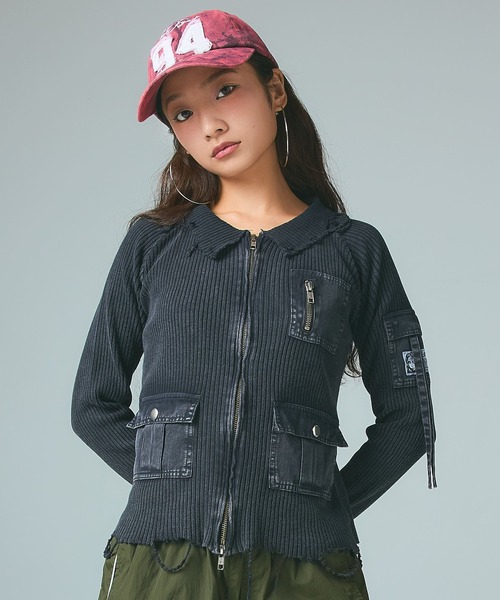 X-girl（エックスガール）の「DISTRESSED WOVEN MIX ZIP UP TOP（Tシャツ/カットソー・レディース・ブラック/オリーブ・ONE SIZE）」の4枚目の写真