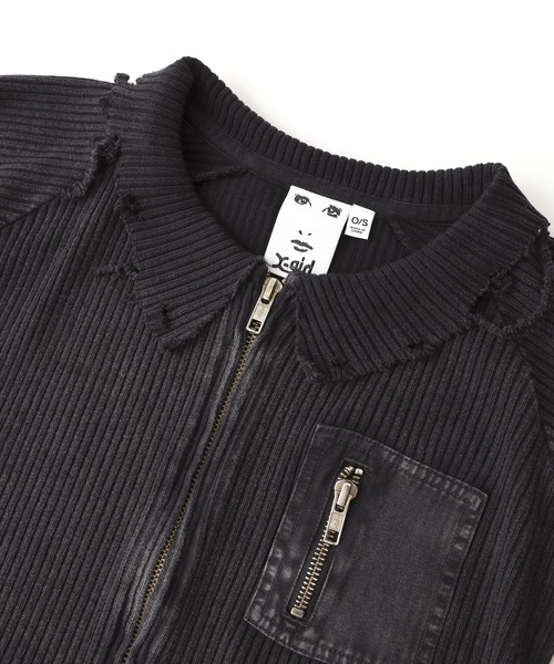 X-girl（エックスガール）の「DISTRESSED WOVEN MIX ZIP UP TOP（Tシャツ/カットソー・レディース・ブラック/オリーブ・ONE SIZE）」の9枚目の写真