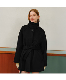 Raglan Belted Wool Half Coat - Black