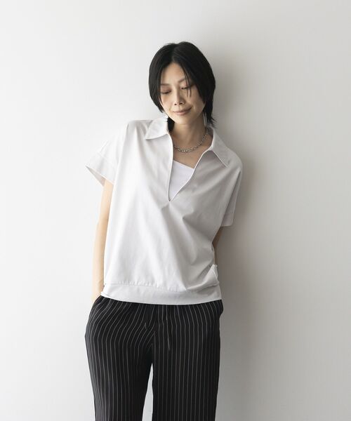 GARAGE OF GOOD CLOTHING（ガレージオブグッドクロージング）の「【日本製】ポロ襟スキッパープルオーバー（Tシャツ/カットソー・レディース・ホワイト/ブラック/ライトグレー・FREE）」の3枚目の写真