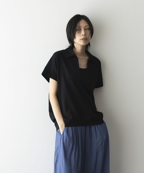 GARAGE OF GOOD CLOTHING（ガレージオブグッドクロージング）の「【日本製】ポロ襟スキッパープルオーバー（Tシャツ/カットソー・レディース・ホワイト/ブラック/ライトグレー・FREE）」の2枚目の写真