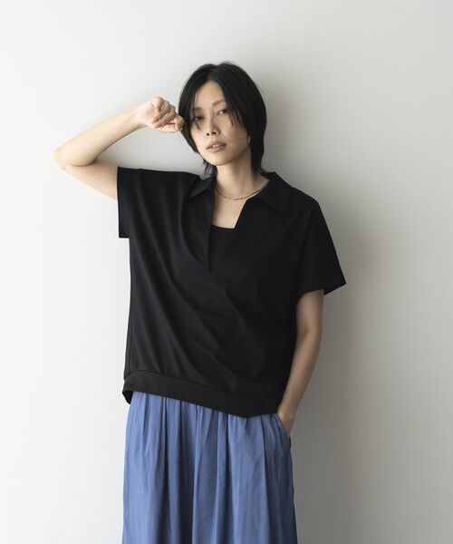 GARAGE OF GOOD CLOTHING（ガレージオブグッドクロージング）の「【日本製】ポロ襟スキッパープルオーバー（Tシャツ/カットソー・レディース・ホワイト/ブラック/ライトグレー・FREE）」の5枚目の写真