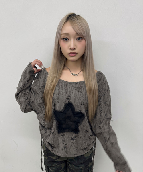 DAESE TOKYO(デセトウキョウ)の「『DAESE TOKYO/デセトウキョウ』スターデザインダメージトップス(Tシャツ/カットソー・レディース・グレー/ホワイト・M)」の2枚目の写真