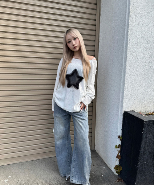 DAESE TOKYO(デセトウキョウ)の「『DAESE TOKYO/デセトウキョウ』スターデザインダメージトップス(Tシャツ/カットソー・レディース・グレー/ホワイト・M)」の6枚目の写真