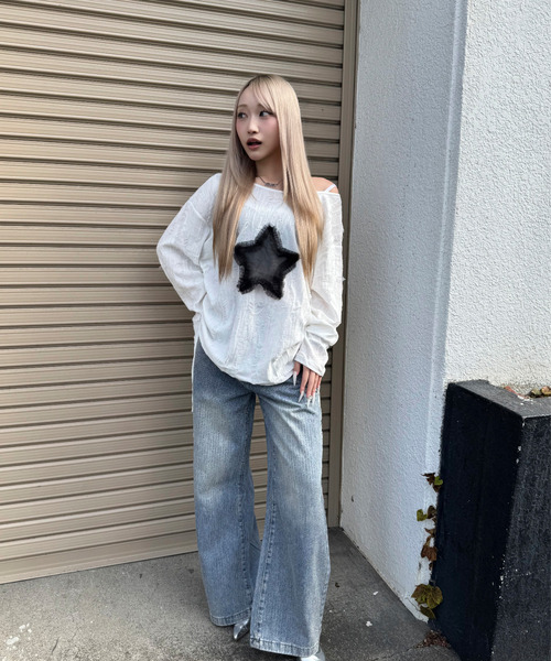 DAESE TOKYO(デセトウキョウ)の「『DAESE TOKYO/デセトウキョウ』スターデザインダメージトップス(Tシャツ/カットソー・レディース・グレー/ホワイト・M)」の7枚目の写真