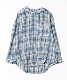 フロント刺しゅうビッグシルエットフードチェック柄シャツ