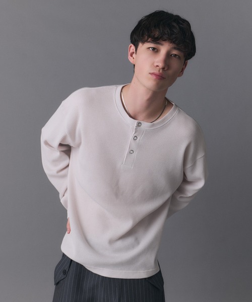 セール】Henley Neck Waffle Long Sleeve Tee / ヘンリーネック