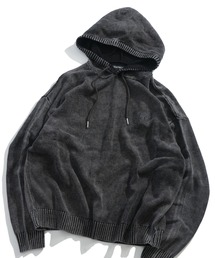 HALHAM（ハルハム）の「ヴィンテージライク ピグメント加工 ワンポイント刺繍 プルオーバー コットンニットパーカー フーディ― ユニセックス オーバーサイズ メンズ レディース（ニット/セーター）」