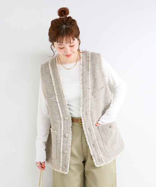 B.C STOCK(ベーセーストック)の「ウォッシャブル / 前開きツイードベスト(その他アウター・レディース・ネイビー/ベージュ・FREE)」の7枚目の写真