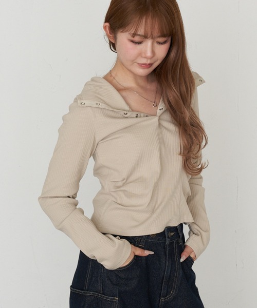 RAY CASSIN（レイカズン）の「フードヘンリーロンT（Tシャツ/カットソー・レディース・グレー/グレイッシュベージュ/ブラック/アイボリー・FREE）」の13枚目の写真