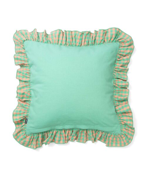 フリルチェック クッションカバー 450×450 グリーン×オレンジ（A-053