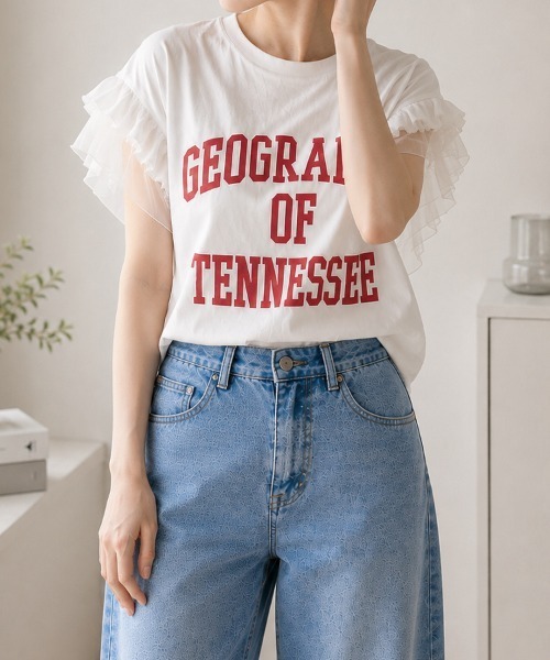 SallyLunn（サリーラン）の「【主役級トップス】一枚で可愛いフリルロゴTシャツ（Tシャツ/カットソー・レディース・ホワイト/グレー/イエロー・MEDIUM/LARGE）」の4枚目の写真