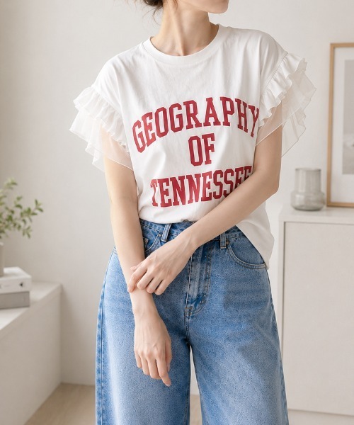 SallyLunn（サリーラン）の「【主役級トップス】一枚で可愛いフリルロゴTシャツ（Tシャツ/カットソー・レディース・ホワイト/グレー/イエロー・MEDIUM/LARGE）」の6枚目の写真