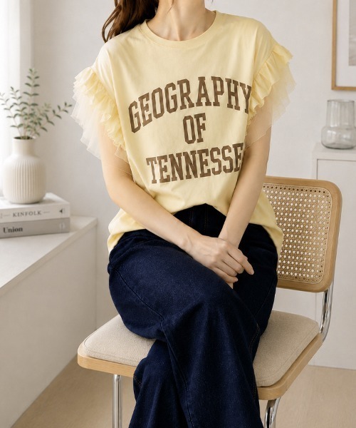 SallyLunn（サリーラン）の「【主役級トップス】一枚で可愛いフリルロゴTシャツ（Tシャツ/カットソー・レディース・ホワイト/グレー/イエロー・MEDIUM/LARGE）」の8枚目の写真