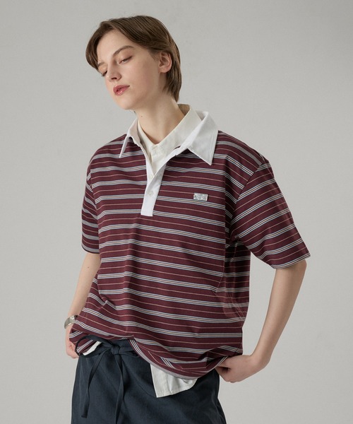 ONCILY(オンシェリー)の「MULTI BORDER POLO TEE WITH HEART BUTTON / マルチボーダーポロTシャツ(ハートボタン)(ポロシャツ・メンズ・ボルドー/ブラック/チャコールグレー・SMALL/MEDIUM/LARGE)」の10枚目の写真