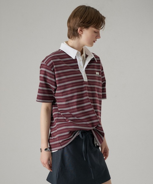 ONCILY(オンシェリー)の「MULTI BORDER POLO TEE WITH HEART BUTTON / マルチボーダーポロTシャツ(ハートボタン)(ポロシャツ・メンズ・ボルドー/ブラック/チャコールグレー・SMALL/MEDIUM/LARGE)」の12枚目の写真