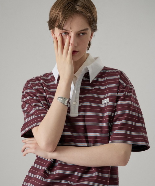 ONCILY(オンシェリー)の「MULTI BORDER POLO TEE WITH HEART BUTTON / マルチボーダーポロTシャツ(ハートボタン)(ポロシャツ・メンズ・ボルドー/ブラック/チャコールグレー・SMALL/MEDIUM/LARGE)」の9枚目の写真
