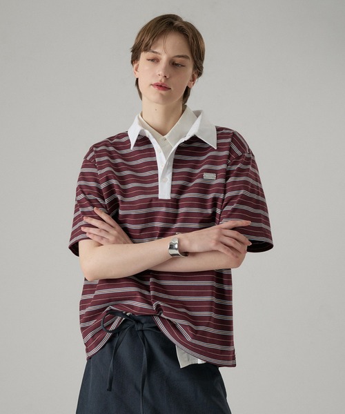 ONCILY(オンシェリー)の「MULTI BORDER POLO TEE WITH HEART BUTTON / マルチボーダーポロTシャツ(ハートボタン)(ポロシャツ・メンズ・ボルドー/ブラック/チャコールグレー・SMALL/MEDIUM/LARGE)」の11枚目の写真