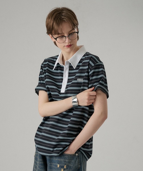 ONCILY(オンシェリー)の「MULTI BORDER POLO TEE WITH HEART BUTTON / マルチボーダーポロTシャツ(ハートボタン)(ポロシャツ・メンズ・ボルドー/ブラック/チャコールグレー・SMALL/MEDIUM/LARGE)」の15枚目の写真