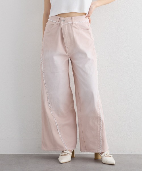 セール】【SMサイズ展開あり】レース付きワイドデニムパンツ（デニム