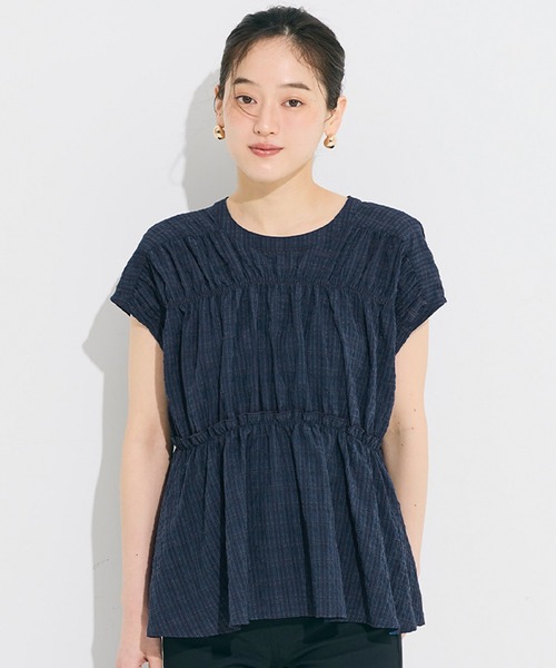 coca(coca)(コカ)の「シアーチェックリボンブラウス(シャツ/ブラウス・レディース・ネイビー/ホワイト・L/M)」の1枚目の写真