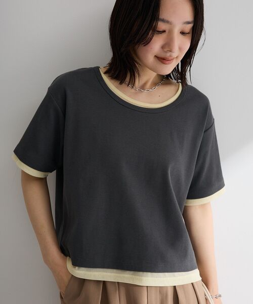 Green Parks(グリーンパークス)の「チュールレイヤードボックスプルオーバー(Tシャツ/カットソー・レディース・ブラウン/チャコールグレー/オフホワイト・FREE)」の3枚目の写真