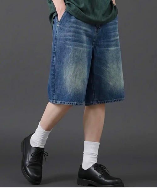 revertical(リバーティカル)の「ヴィンテージウォッシュ デニムショートパンツ/ケミカル加工 ハーフパンツ(デニムパンツ・メンズ・ブルー/サックスブルー/ブラック・X-LARGE/LARGE/MEDIUM)」の14枚目の写真