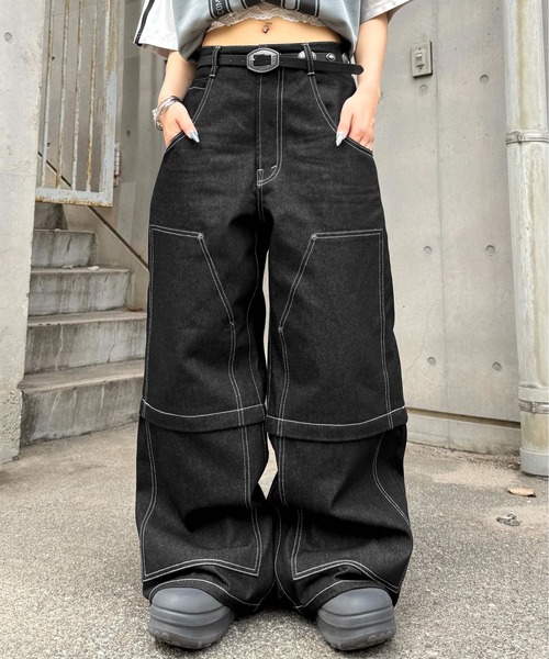 BELBET リジットデニム　ベルベット　黒ブラック Lサイズ 即完 セール】2wayダブルニーリジットデニム（デニムパンツ）｜sedacle