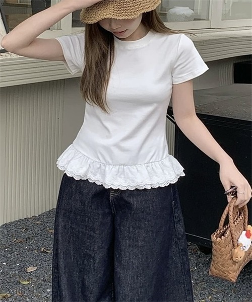 Dream garden(ドリームガーデン)の「裾綿レースフリルTシャツ(Tシャツ/カットソー・レディース・杢グレー/ホワイト・S/M/L/XL/XXL)」の1枚目の写真