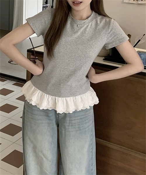 Dream garden(ドリームガーデン)の「裾綿レースフリルTシャツ(Tシャツ/カットソー・レディース・杢グレー/ホワイト・S/M/L/XL/XXL)」の15枚目の写真