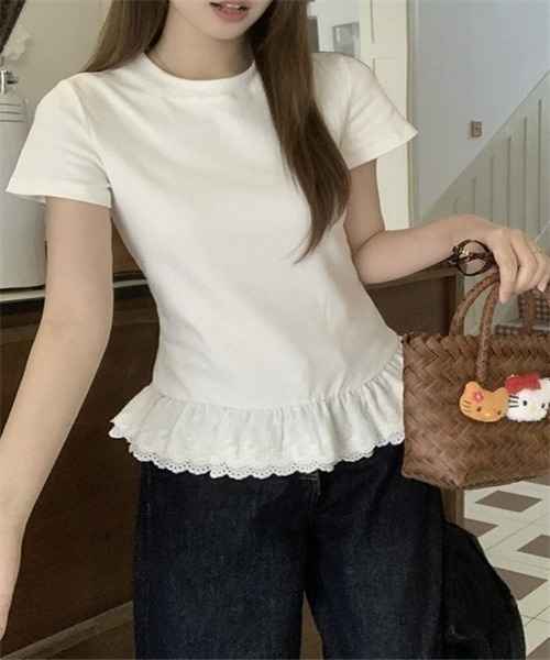 Dream garden(ドリームガーデン)の「裾綿レースフリルTシャツ(Tシャツ/カットソー・レディース・杢グレー/ホワイト・S/M/L/XL/XXL)」の10枚目の写真