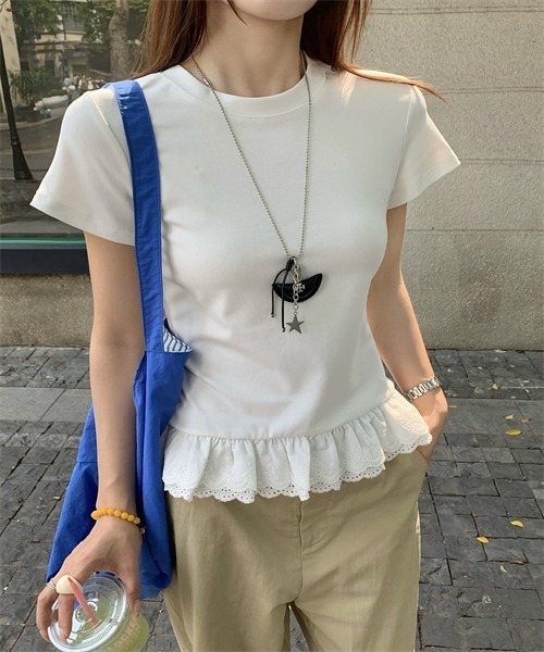 Dream garden(ドリームガーデン)の「裾綿レースフリルTシャツ(Tシャツ/カットソー・レディース・杢グレー/ホワイト・S/M/L/XL/XXL)」の14枚目の写真