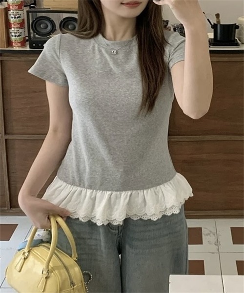 Dream garden(ドリームガーデン)の「裾綿レースフリルTシャツ(Tシャツ/カットソー・レディース・杢グレー/ホワイト・S/M/L/XL/XXL)」の18枚目の写真