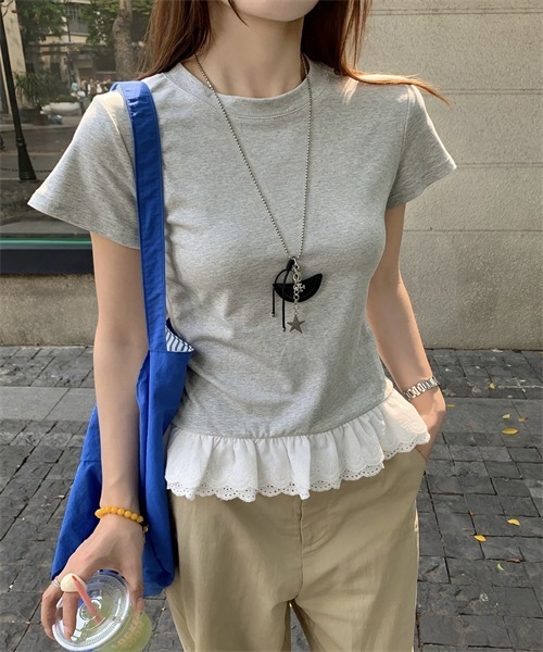 Dream garden(ドリームガーデン)の「裾綿レースフリルTシャツ(Tシャツ/カットソー・レディース・杢グレー/ホワイト・S/M/L/XL/XXL)」の20枚目の写真