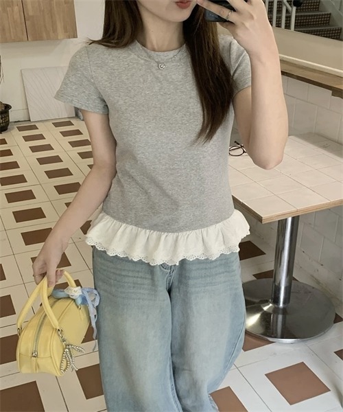Dream garden(ドリームガーデン)の「裾綿レースフリルTシャツ(Tシャツ/カットソー・レディース・杢グレー/ホワイト・S/M/L/XL/XXL)」の22枚目の写真