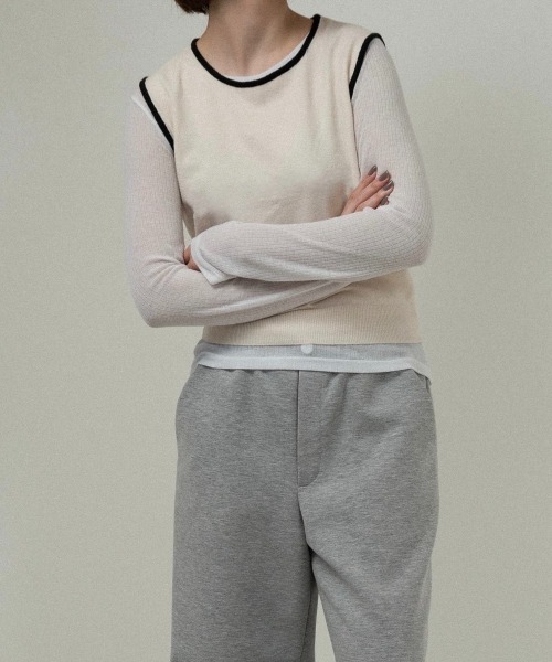 lawgy（ラウジー）の「piping knit sleeveless top / パイピングニットスリーブレストップ（その他トップス・レディース・アイボリー/グレー・FREE）」の12枚目の写真