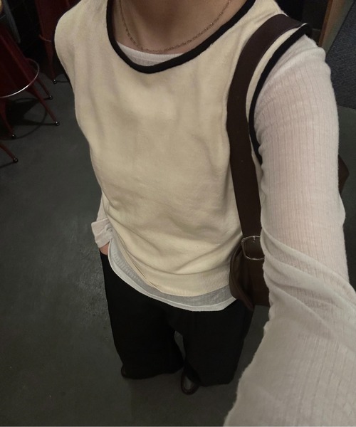 lawgy（ラウジー）の「piping knit sleeveless top / パイピングニットスリーブレストップ（その他トップス・レディース・アイボリー/グレー・FREE）」の19枚目の写真
