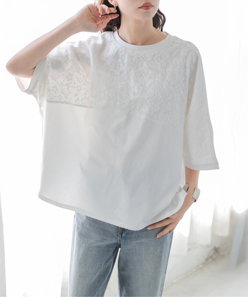 La-gemme(ラジェム)の「花柄レース ドルマンスリーブ トップス(Tシャツ/カットソー・レディース・ブラック/ホワイト・フリー)」の1枚目の写真