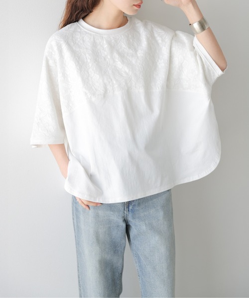 La-gemme(ラジェム)の「花柄レース ドルマンスリーブ トップス(Tシャツ/カットソー・レディース・ブラック/ホワイト・フリー)」の9枚目の写真