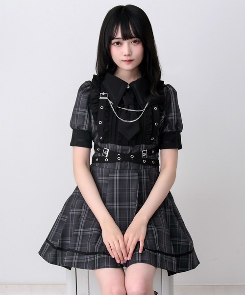 DearMyLove(ディアマイラブ)の「ジャケット風チェーンネクタイベルトフリルプリーツ半袖ワンピース(ワンピース・レディース・ブラック/チェック/ボルドー・3L/LARGE/MEDIUM)」の13枚目の写真