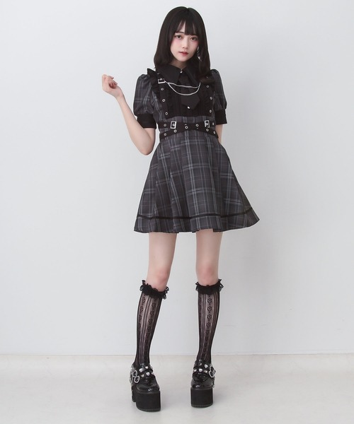 DearMyLove(ディアマイラブ)の「ジャケット風チェーンネクタイベルトフリルプリーツ半袖ワンピース(ワンピース・レディース・ブラック/チェック/ボルドー・3L/LARGE/MEDIUM)」の14枚目の写真