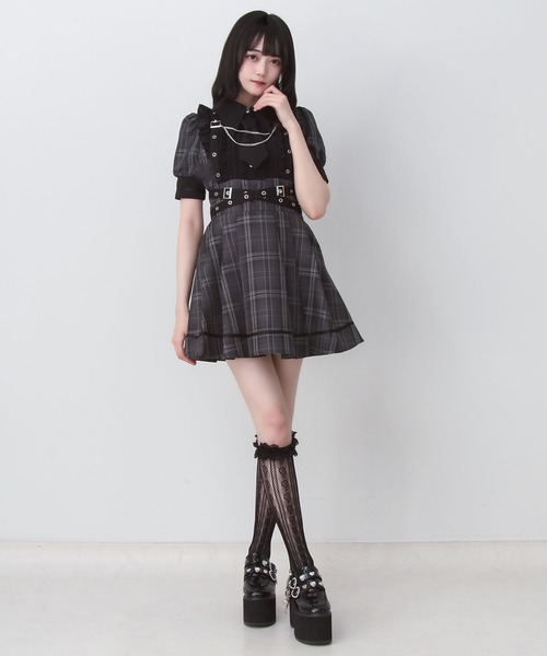 DearMyLove(ディアマイラブ)の「ジャケット風チェーンネクタイベルトフリルプリーツ半袖ワンピース(ワンピース・レディース・ブラック/チェック/ボルドー・3L/LARGE/MEDIUM)」の16枚目の写真