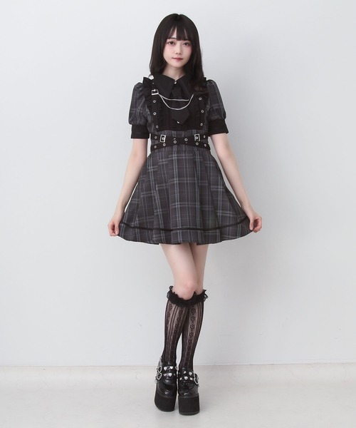DearMyLove(ディアマイラブ)の「ジャケット風チェーンネクタイベルトフリルプリーツ半袖ワンピース(ワンピース・レディース・ブラック/チェック/ボルドー・3L/LARGE/MEDIUM)」の17枚目の写真