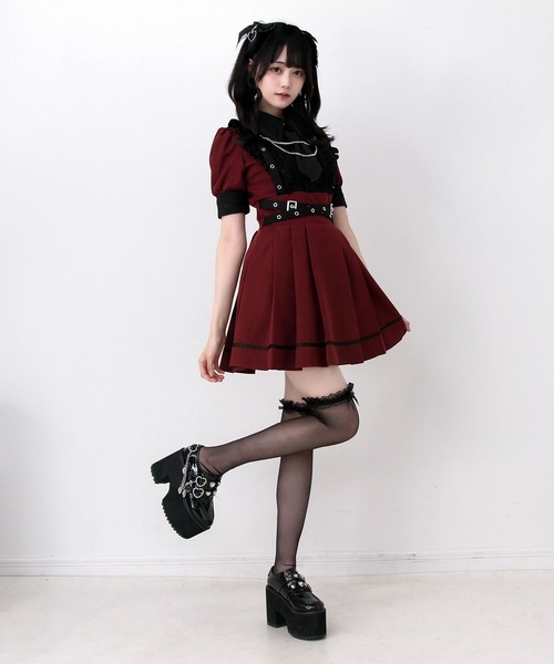 DearMyLove(ディアマイラブ)の「ジャケット風チェーンネクタイベルトフリルプリーツ半袖ワンピース(ワンピース・レディース・ブラック/チェック/ボルドー・3L/LARGE/MEDIUM)」の20枚目の写真