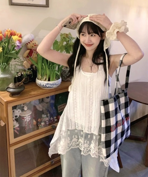 gossip!ロサンゼルス(ゴシップロサンゼルス)の「Y2Kヴィンテージ風 レースキャミワンピース(Tシャツ/カットソー・レディース・ホワイト・M)」の9枚目の写真
